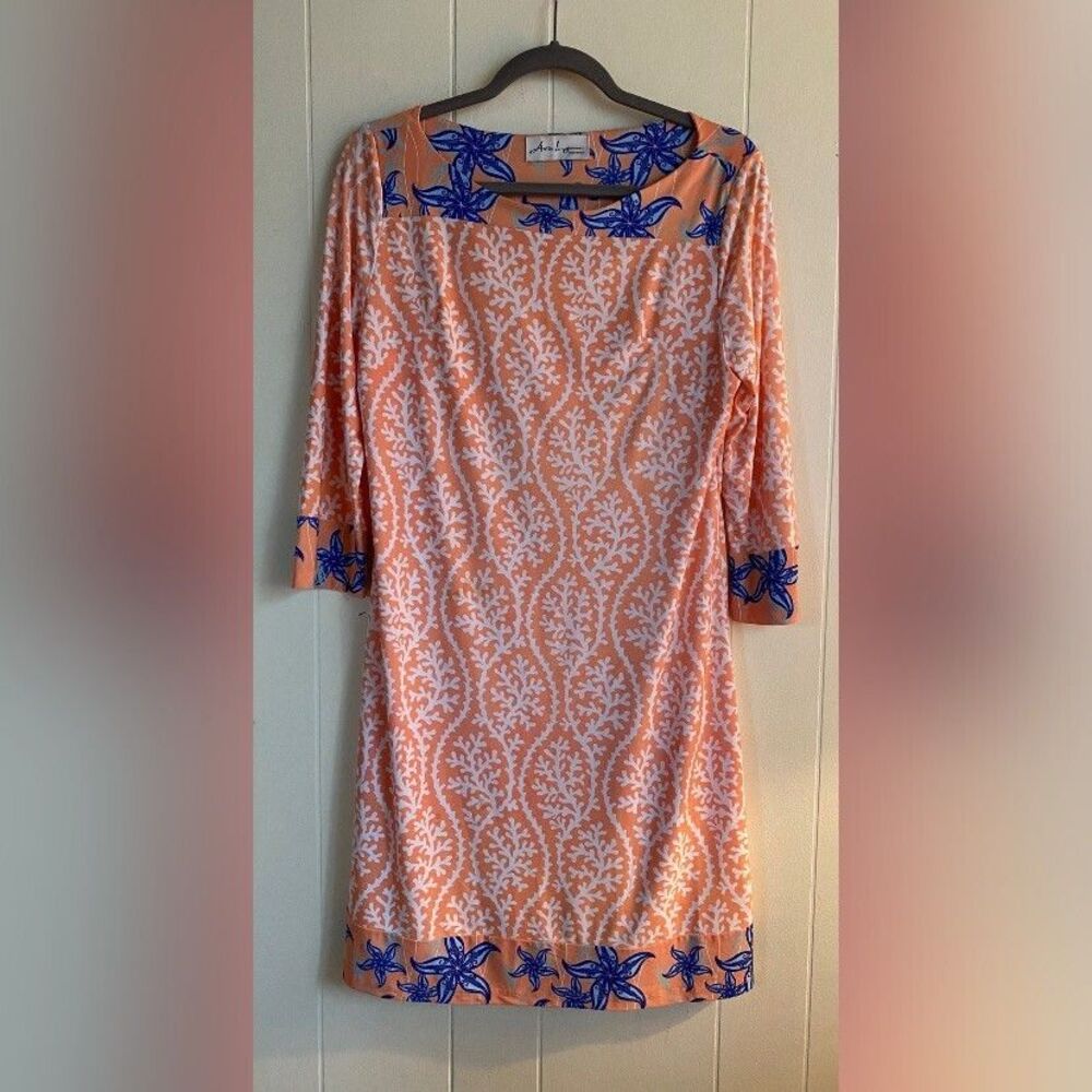 Ava Lynn Dress Women’s Large Orange White Blue Pattern Boho Stretch Hippie